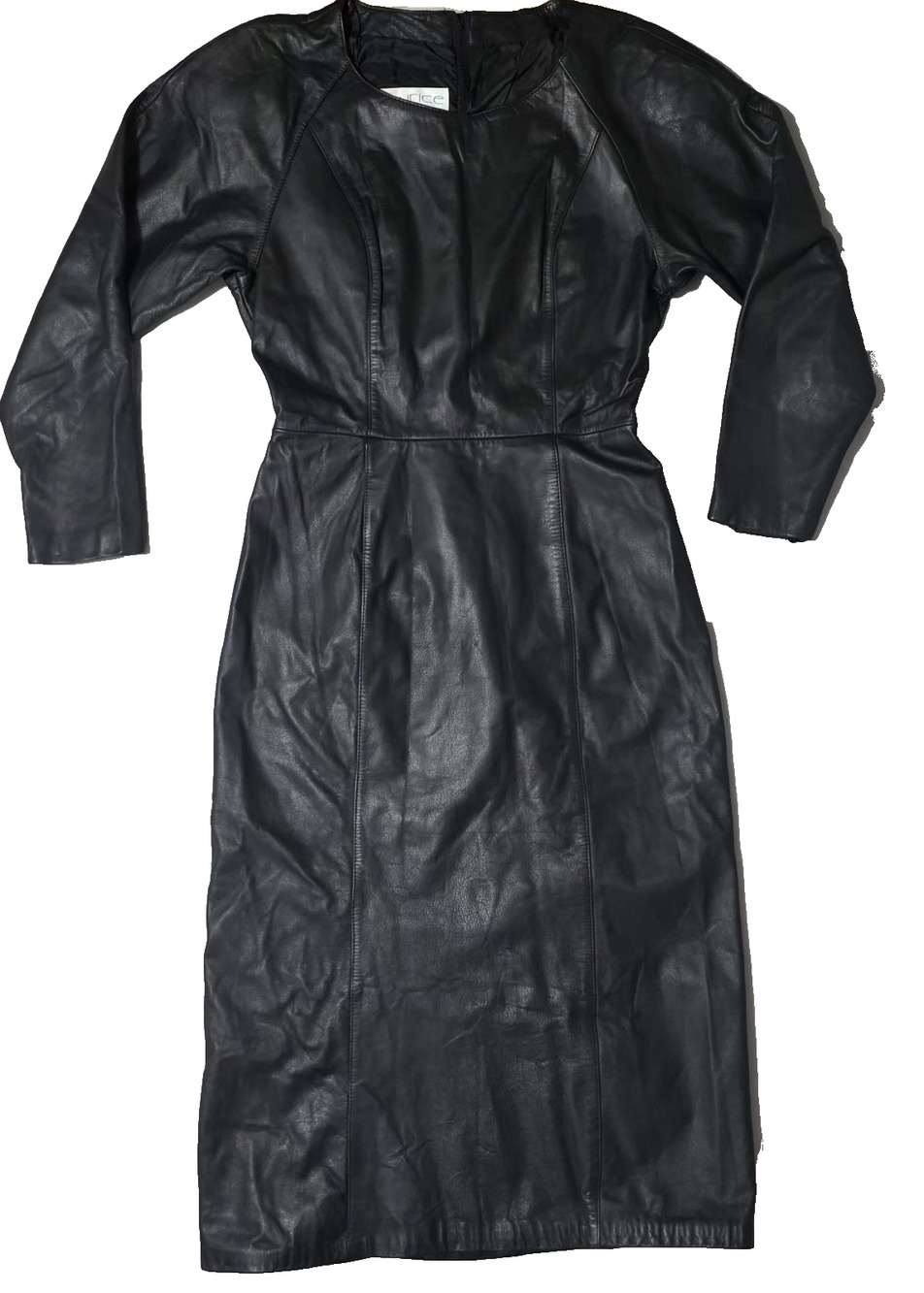 Vintage Laurice Black Leather Puffy Shoulder Midi Dress Sz S/M Genuine Leather